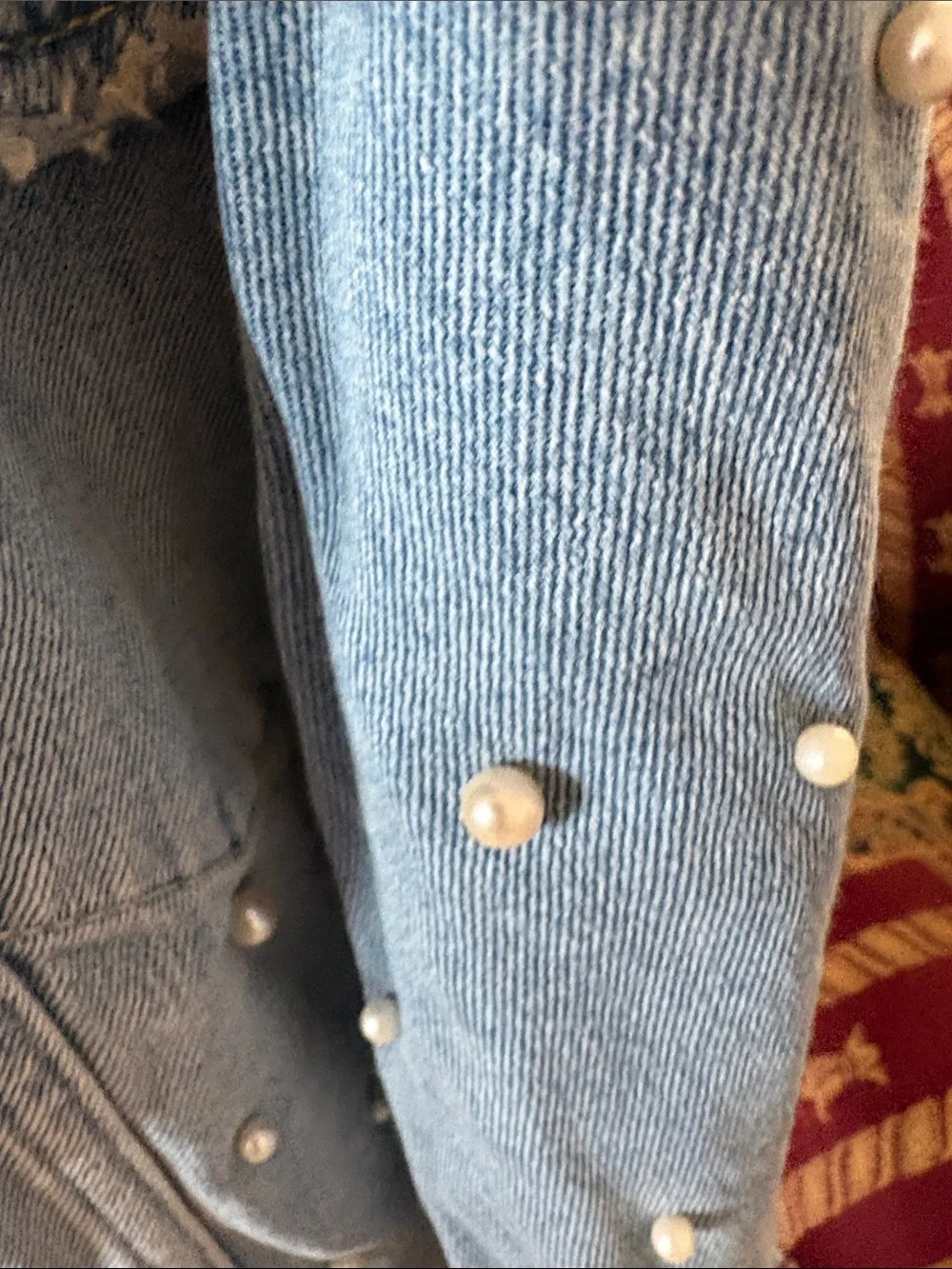 Free people Pearl-Embellished Distressed Light Blue Denim Jacket - Picture 4 of 7